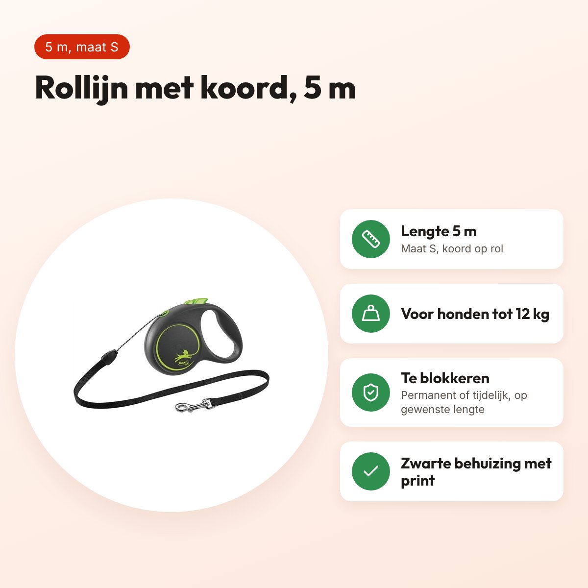 Flexi rollijn Black Design Cord groen S 5 m – tot 12 kg – voordelen