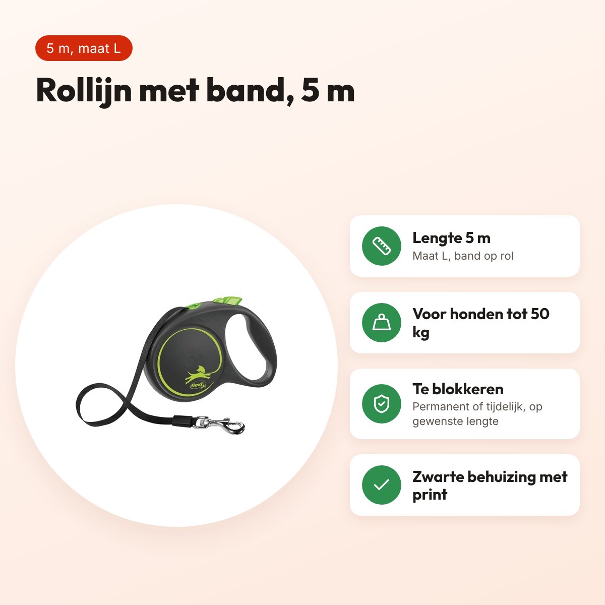 Flexi rollijn Black Design Tape groen L 5 m – tot 50 kg – voordelen
