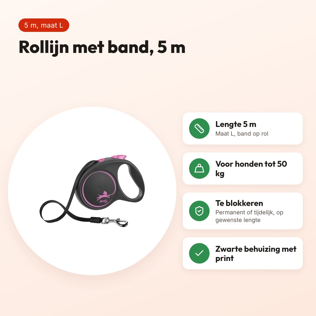 Flexi rollijn Black Design Tape roze L 5 m – tot 50 kg – voordelen