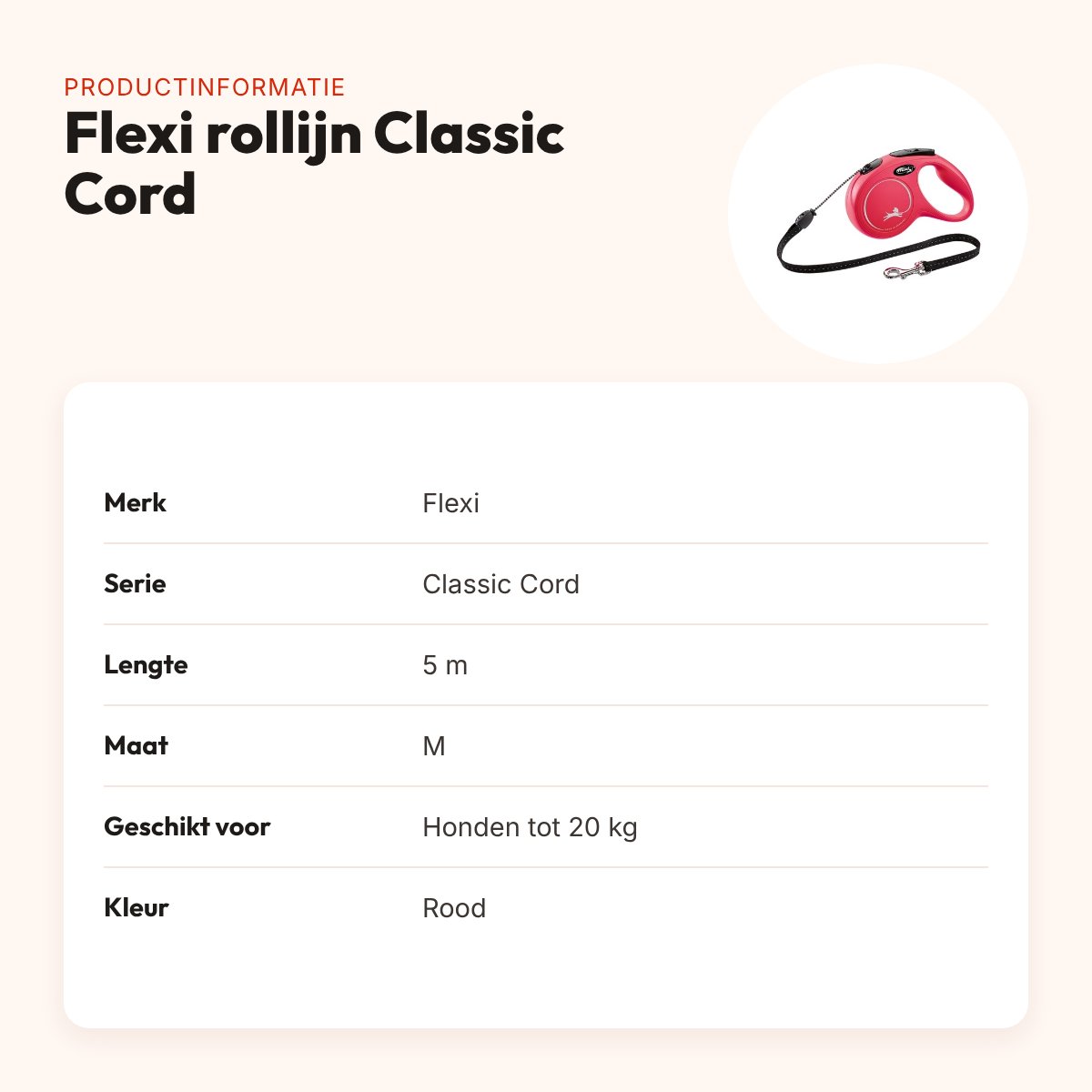 Flexi rollijn Classic Cord rood M 5 m – tot 20 kg – productinformatie