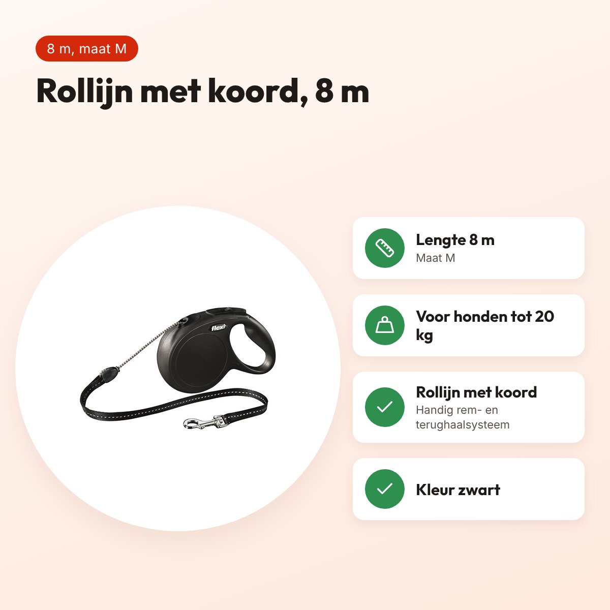 Flexi rollijn Classic Cord zwart M 8 m – tot 20 kg – voordelen
