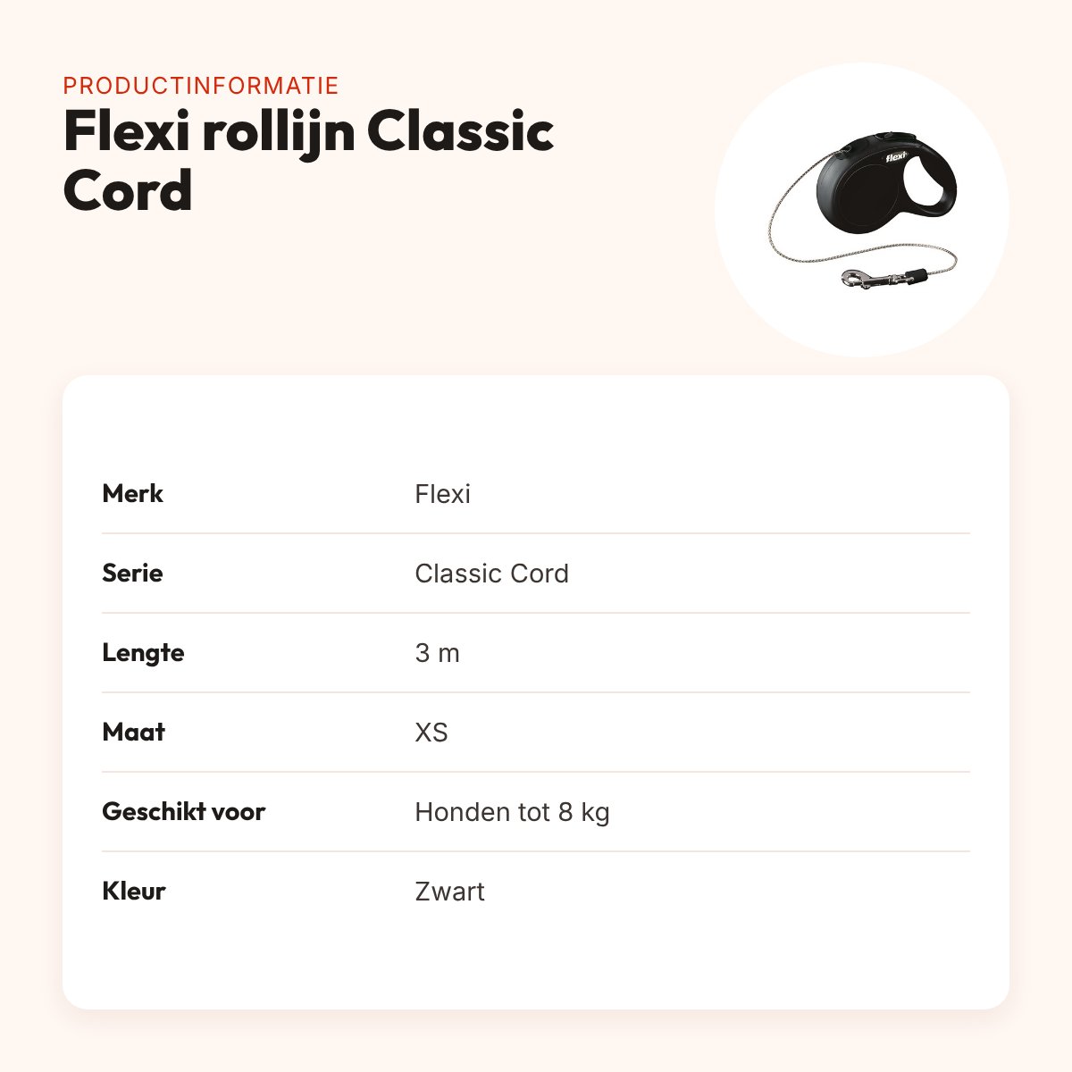 Flexi rollijn Classic Cord zwart XS 3 m – tot 8 kg – productinformatie