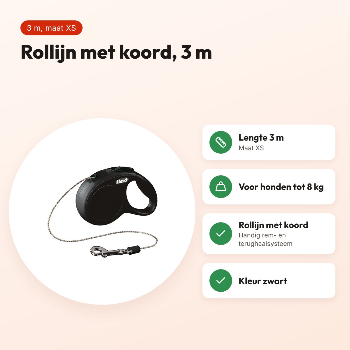 Flexi rollijn Classic Cord zwart XS 3 m – tot 8 kg – voordelen