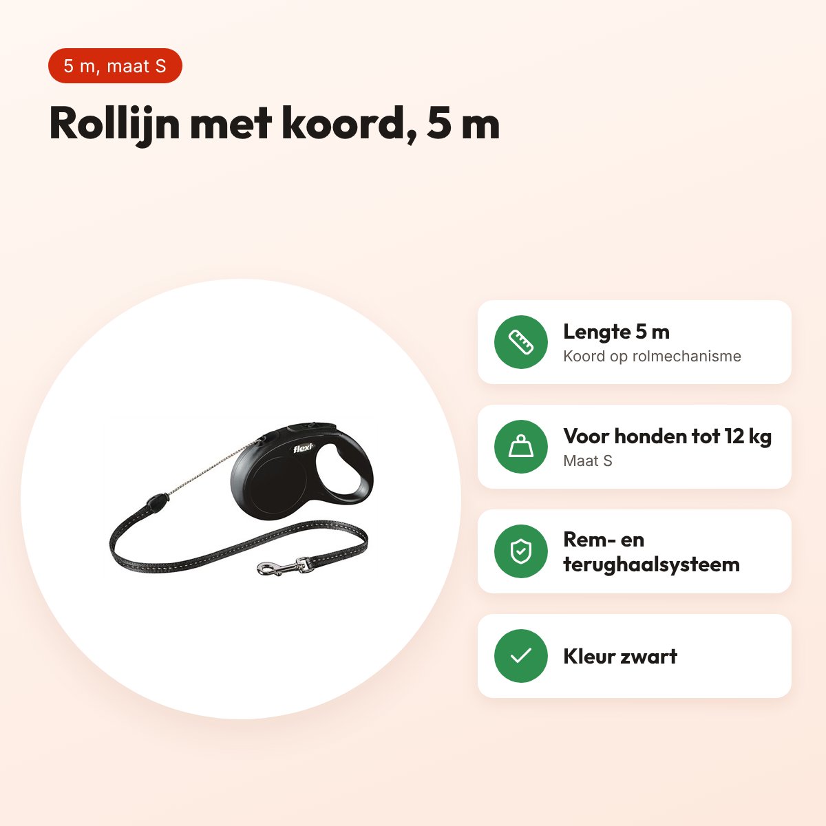 Flexi rollijn Classic koord zwart S 5 m – voor honden tot 12 kg – voordelen