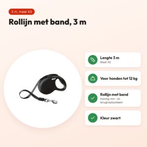 Flexi rollijn Classic Tape zwart XS 3 m – tot 12 kg – voordelen