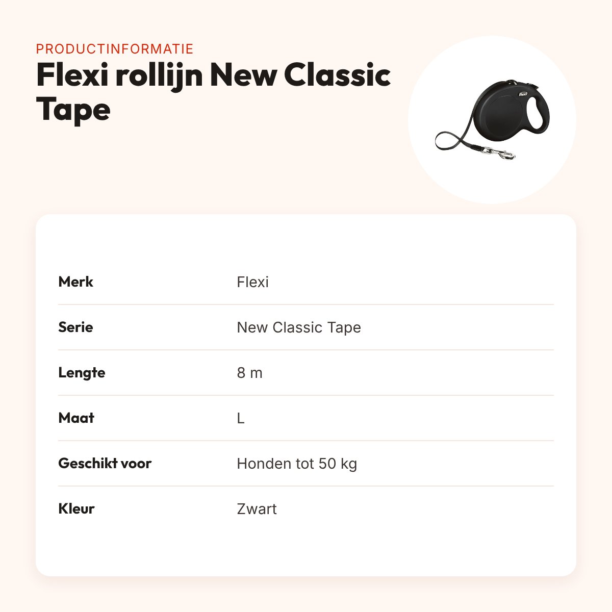 Flexi rollijn New Classic Tape zwart L 8 m – tot 50 kg – productinformatie