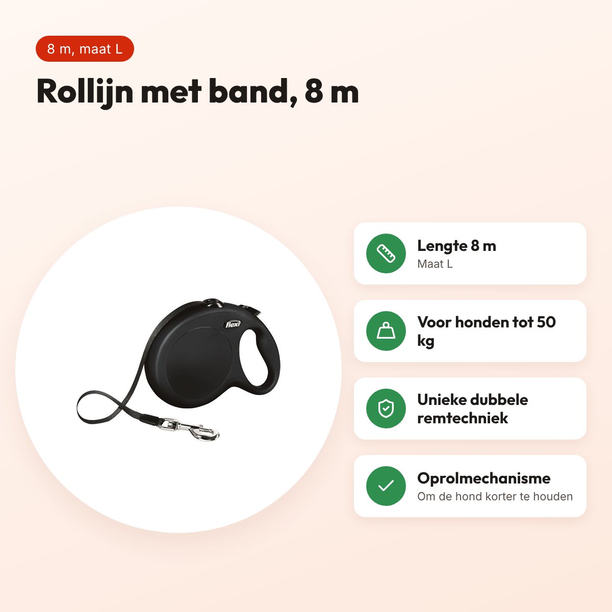 Flexi rollijn New Classic Tape zwart L 8 m – tot 50 kg – voordelen