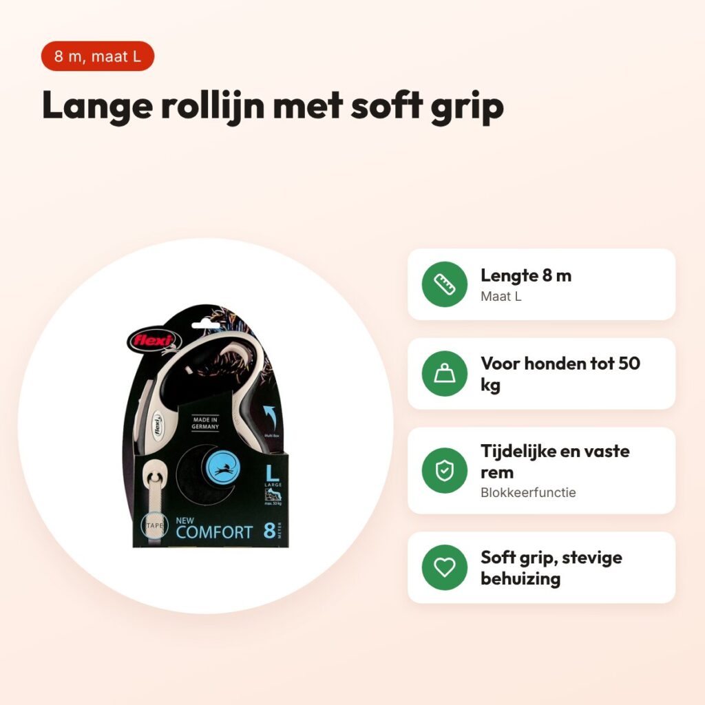 Flexi rollijn New Comfort Tape zwart L 8 m – soft grip, tot 50 kg – voordelen