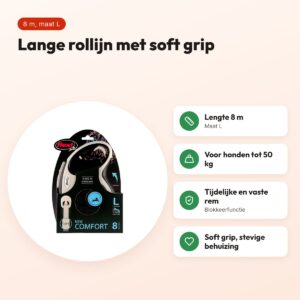Flexi rollijn New Comfort Tape zwart L 8 m – soft grip, tot 50 kg – voordelen