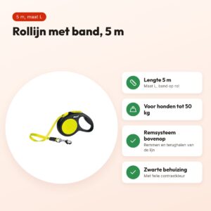 Flexi rollijn New Neon Tape zwart/geel L 5 m – tot 50 kg – voordelen