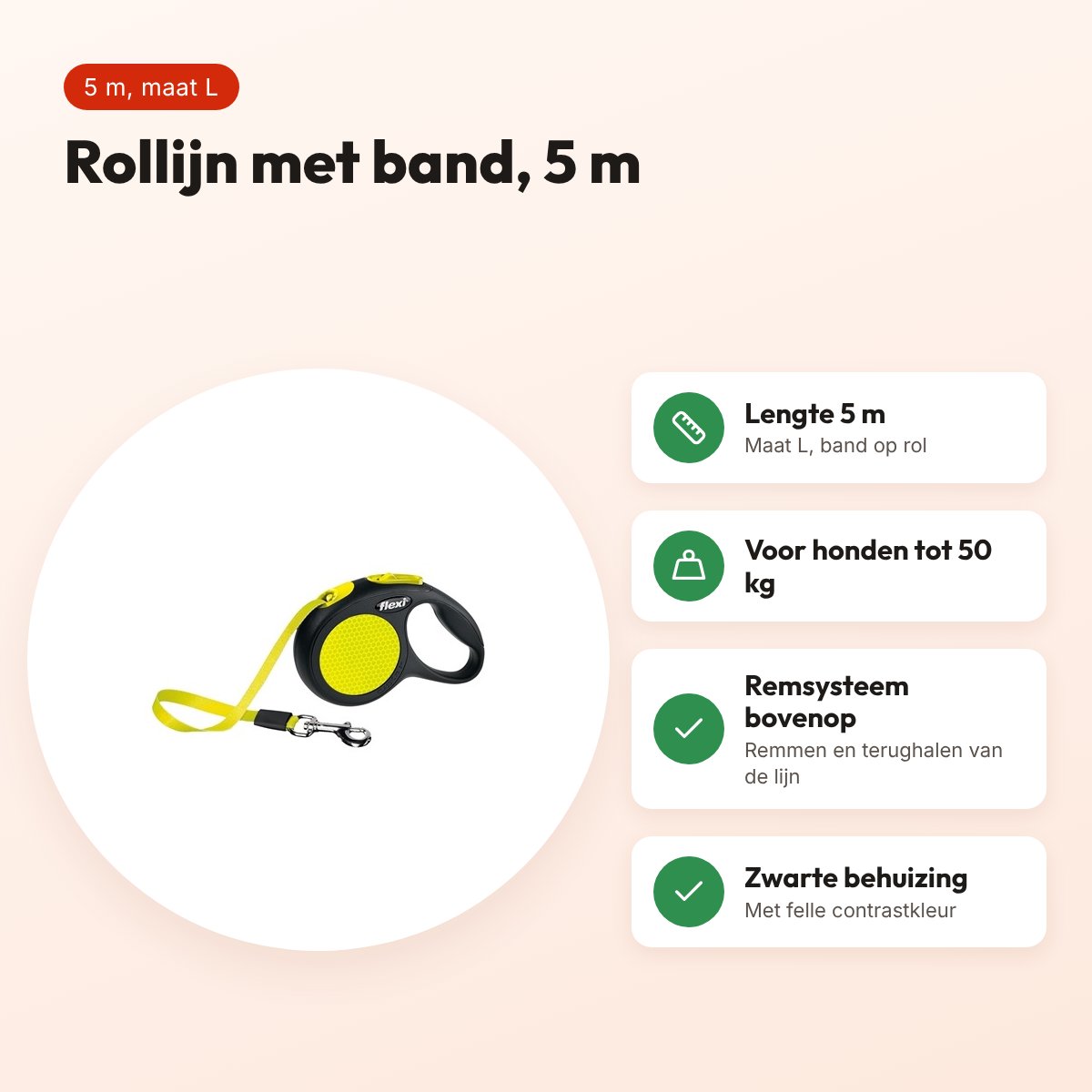 Flexi rollijn New Neon Tape zwart/geel L 5 m – tot 50 kg – voordelen