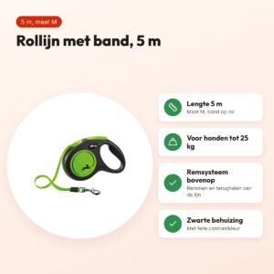 Flexi rollijn New Neon Tape zwart/groen M 5 m – tot 25 kg – voordelen