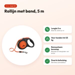 Flexi rollijn New Neon Tape zwart/oranje M 5 m – tot 25 kg – voordelen