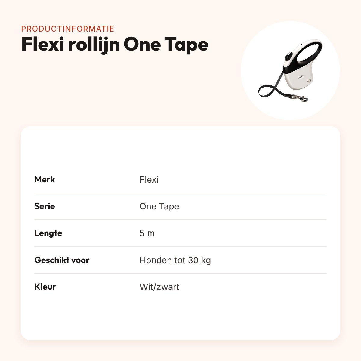Flexi rollijn One Tape wit/zwart 5 m – softgrip, tot 30 kg – productinformatie
