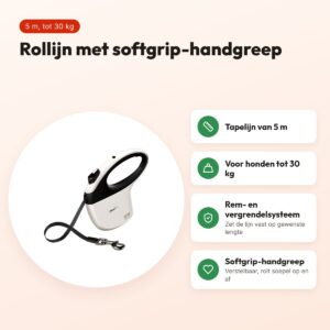 Flexi rollijn One Tape wit/zwart 5 m – softgrip, tot 30 kg – voordelen