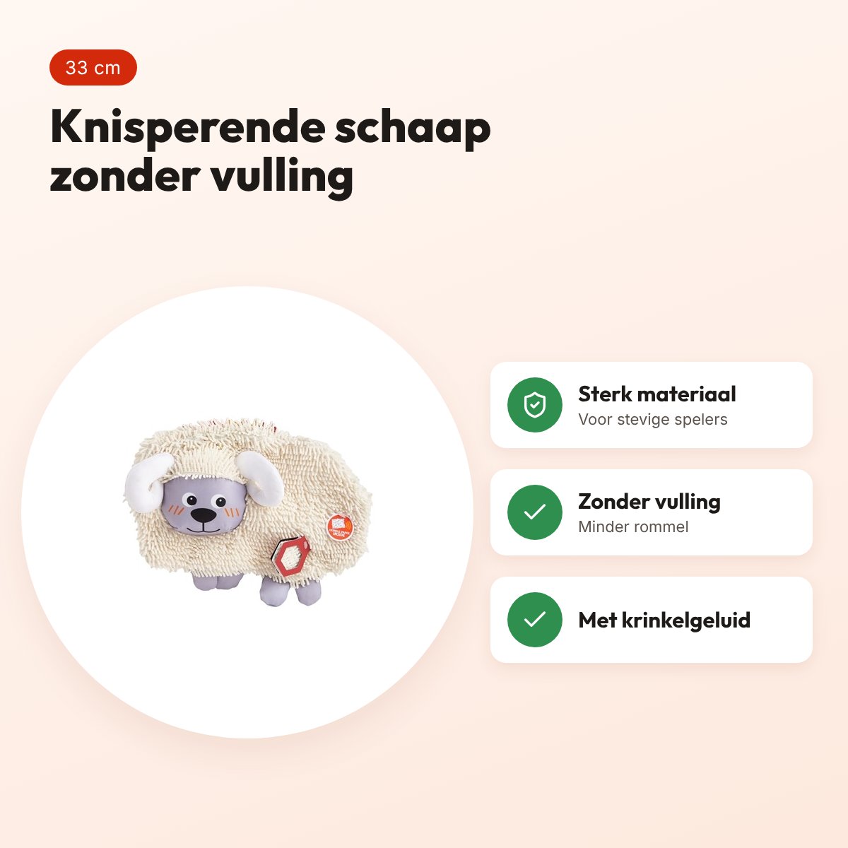 Fofos Crinkle Tough schaap 33 cm – zonder vulling, met krinkelgeluid – voordelen