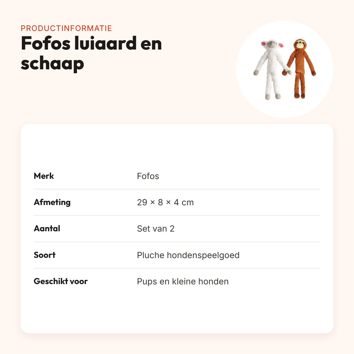 Fofos hondenspeelgoed luiaard en schaap 29 x 8 x 4 cm – set van 2, pluche – productinformatie