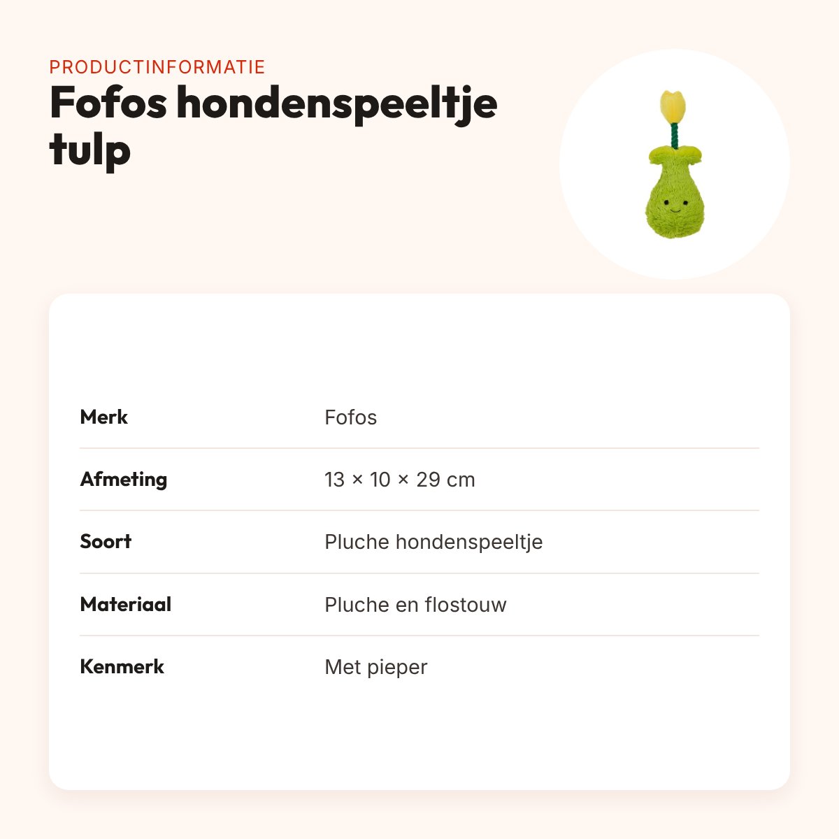 Fofos hondenspeeltje tulp 13 x 10 x 29 cm – pluche met flostouw en pieper – productinformatie