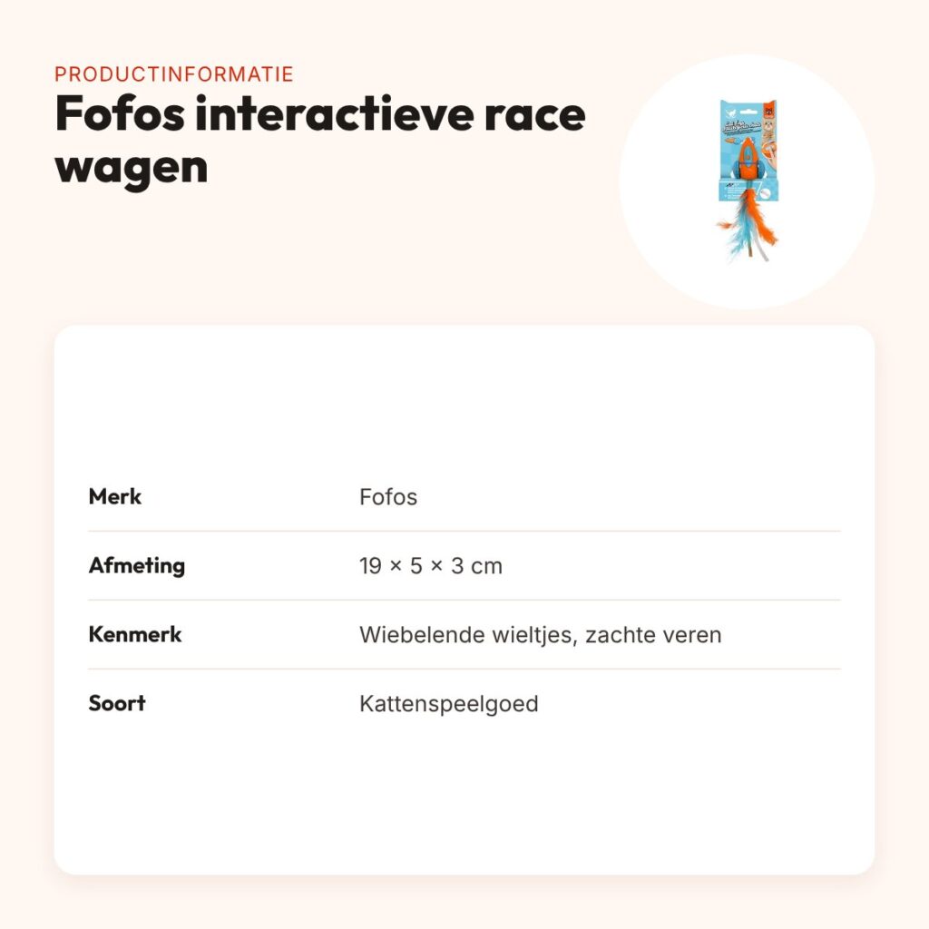 Fofos interactieve race wagen met veren 19 x 5 x 3 cm – kattenspeeltje – productinformatie