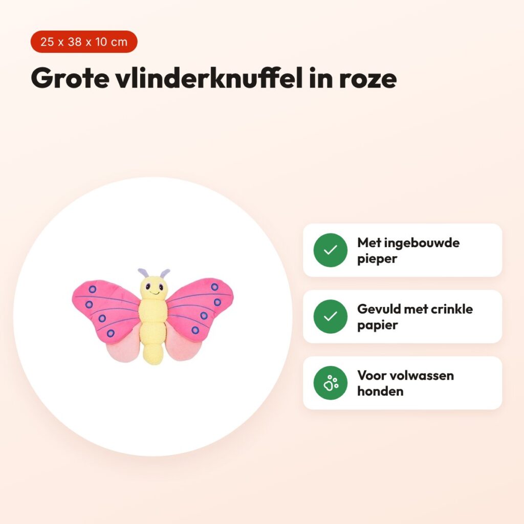Fofos Jumbo hondenknuffel vlinder roze 25 x 38 x 10 cm – met pieper – voordelen