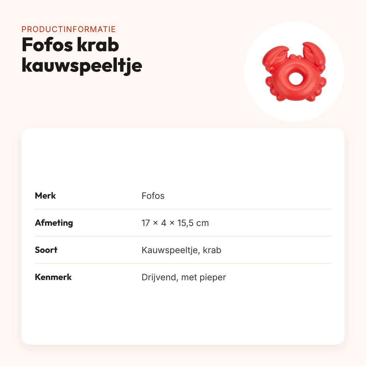 Fofos krab kauwspeeltje 17 x 4 x 15,5 cm – drijvend, met pieper – productinformatie