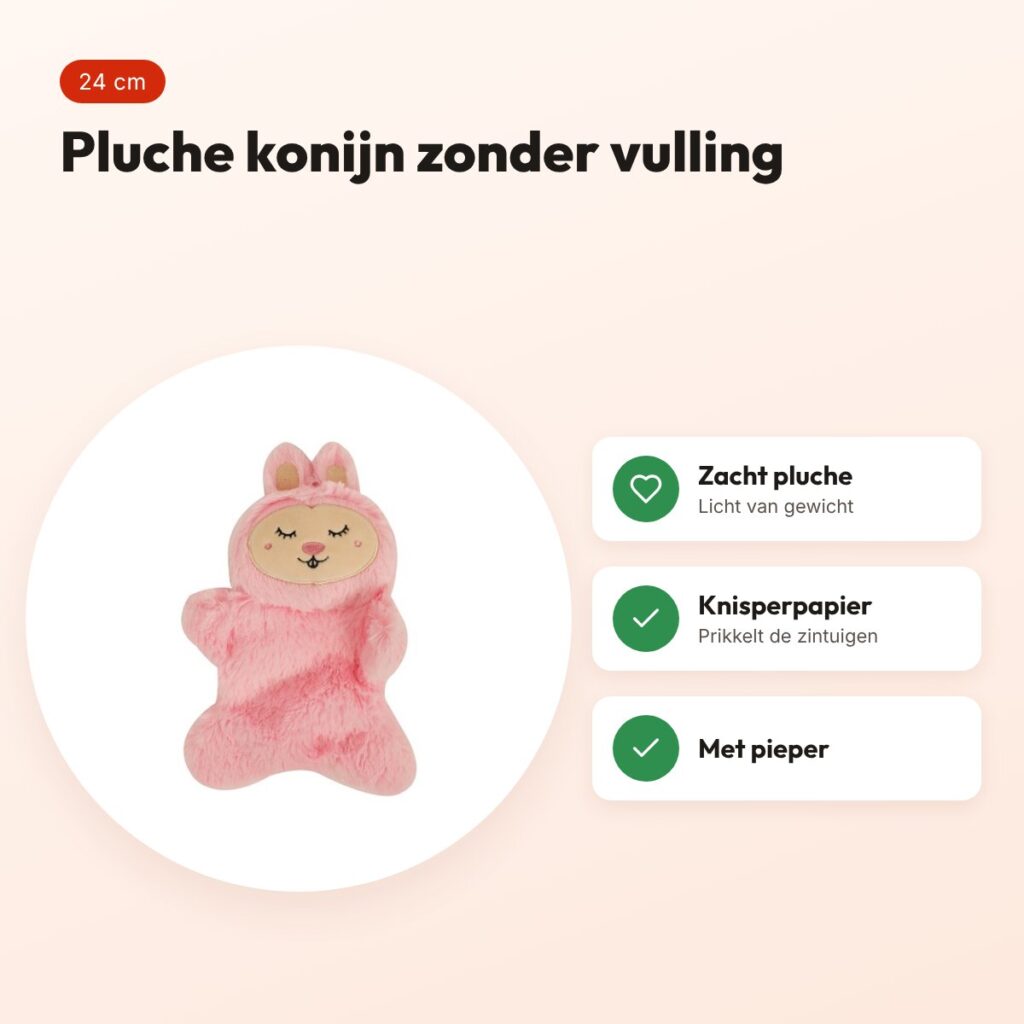 Fofos pluche crinkle konijn 24 cm – zonder vulling, met pieper – voordelen