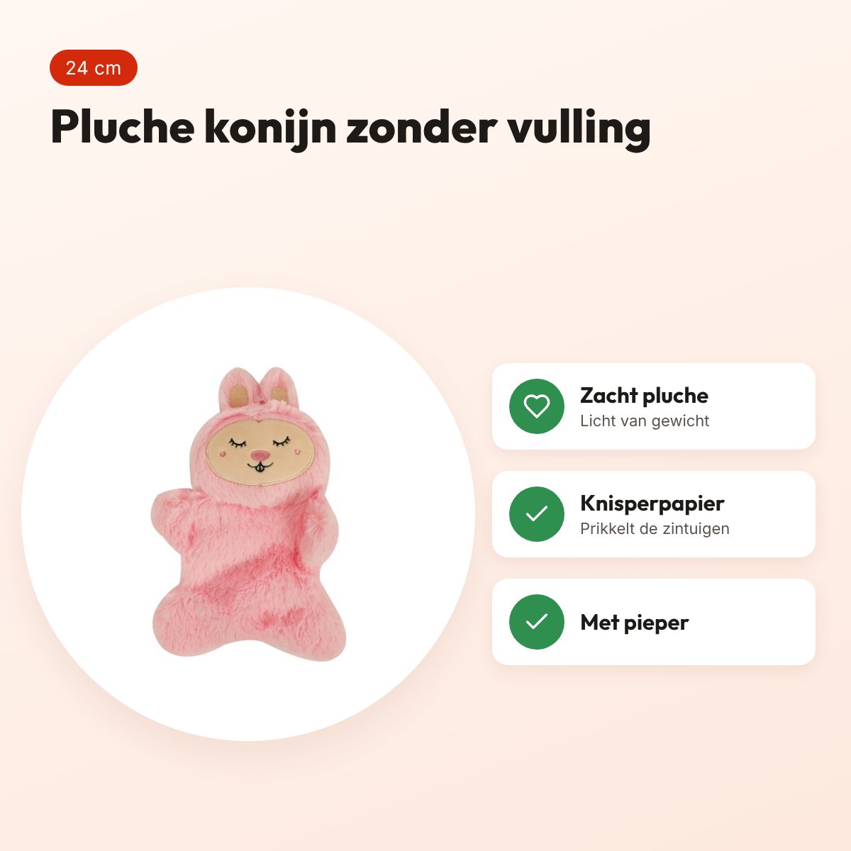 Fofos pluche crinkle konijn 24 cm – zonder vulling, met pieper – voordelen