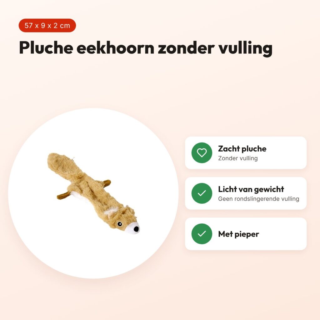 Fofos pluche eekhoorn 57 x 9 x 2 cm – zonder vulling, met pieper – voordelen