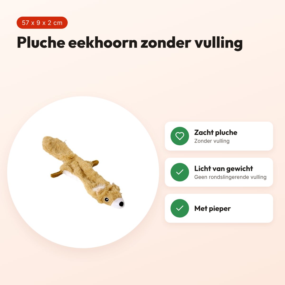 Fofos pluche eekhoorn 57 x 9 x 2 cm – zonder vulling, met pieper – voordelen