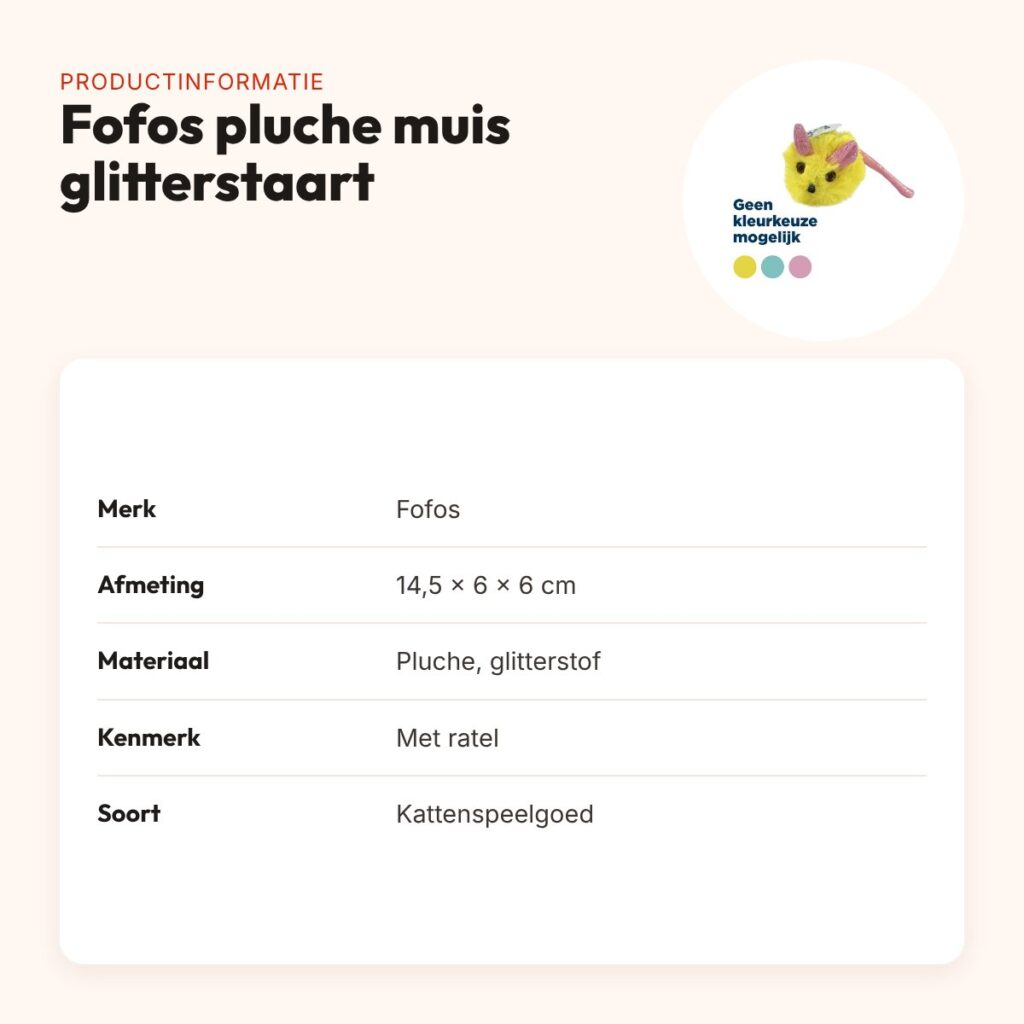 Fofos pluche muis met glitterstaart 14,5 x 6 x 6 cm – kattenspeelgoed – productinformatie