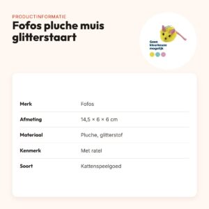 Fofos pluche muis met glitterstaart 14,5 x 6 x 6 cm – kattenspeelgoed – productinformatie