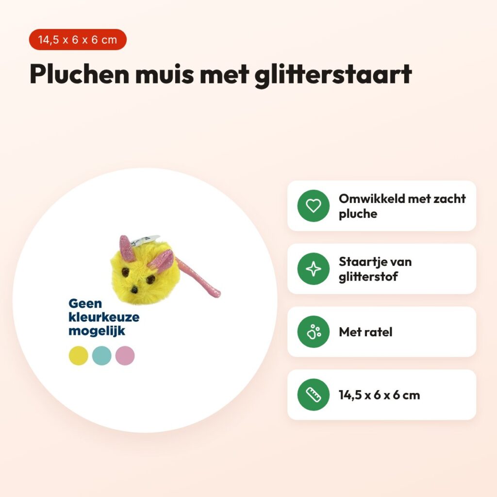 Fofos pluche muis met glitterstaart 14,5 x 6 x 6 cm – kattenspeelgoed – voordelen