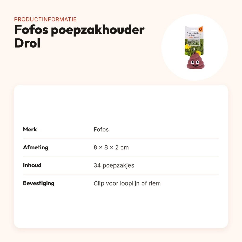 Fofos poepzakhouder Drol met 34 poepzakjes – met clip voor riem – productinformatie