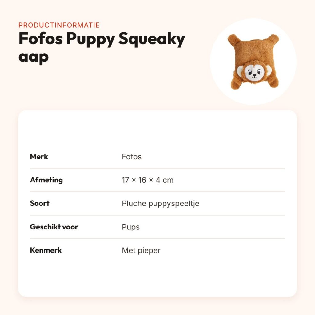 Fofos Puppy Squeaky aap 17 x 16 x 4 cm – zacht pluche met touwarmen – productinformatie