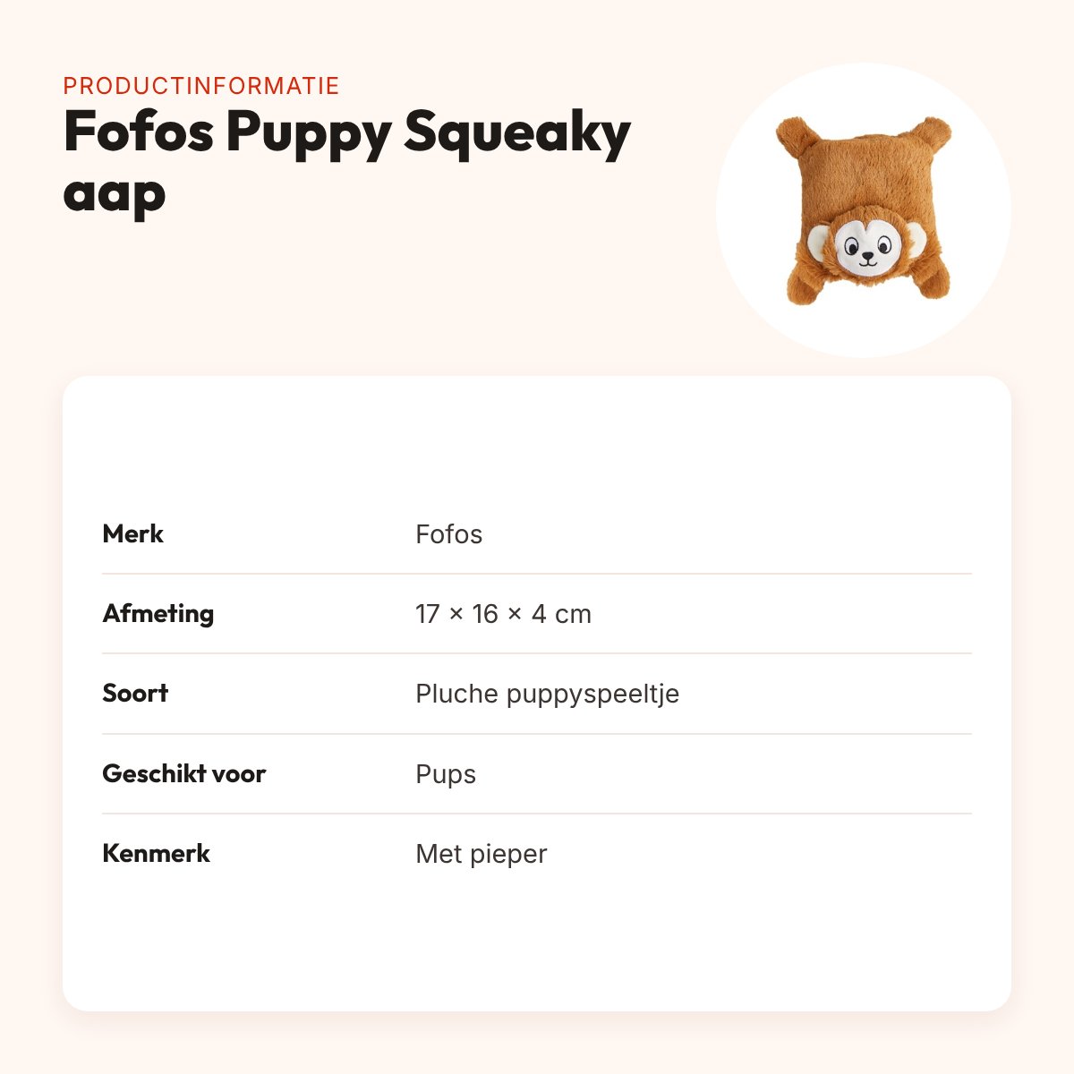 Fofos Puppy Squeaky aap 17 x 16 x 4 cm – zacht pluche met touwarmen – productinformatie