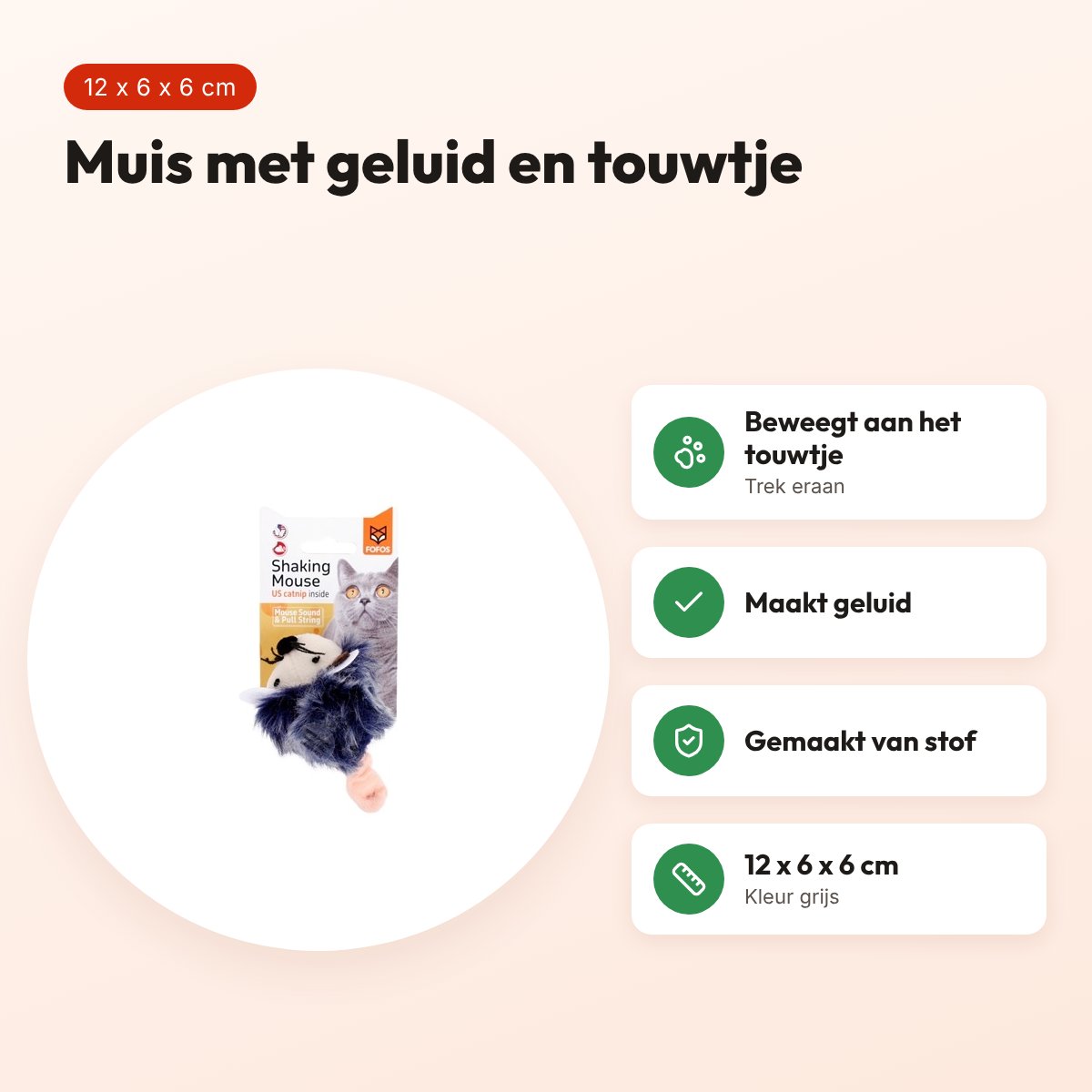 Fofos Shaking muis grijs 12 x 6 x 6 cm – kattenspeelgoed met geluid – voordelen