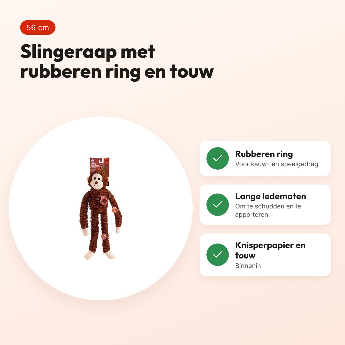 Fofos slingeraap 56 cm – hondenspeeltje met rubberen ring en touw – voordelen