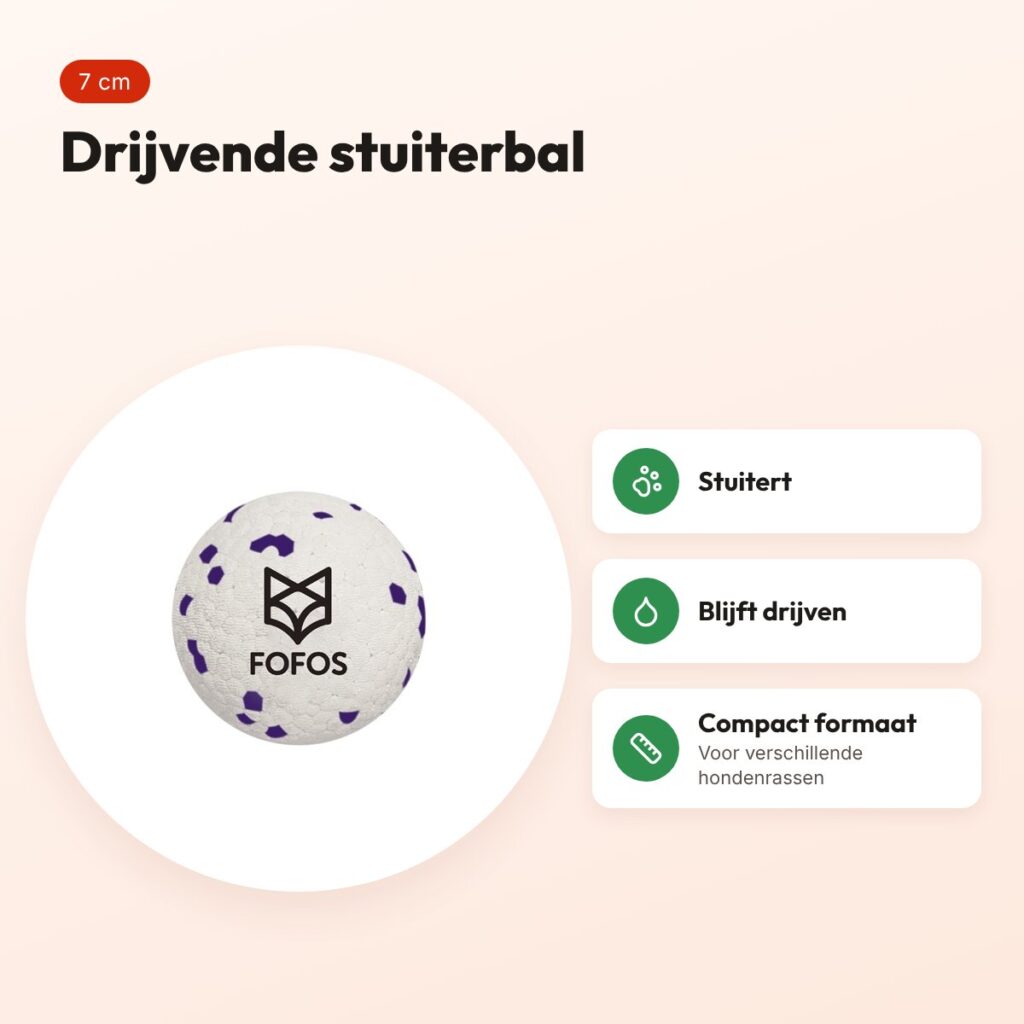 Fofos Super Stuiter hondenbal 7 cm – wit/paars, drijvend – voordelen