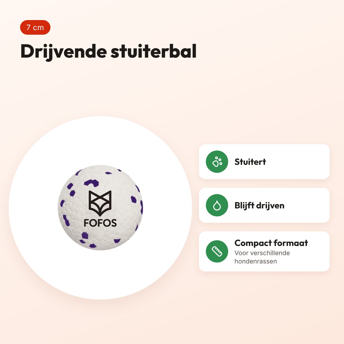 Fofos Super Stuiter hondenbal 7 cm – wit/paars, drijvend – voordelen
