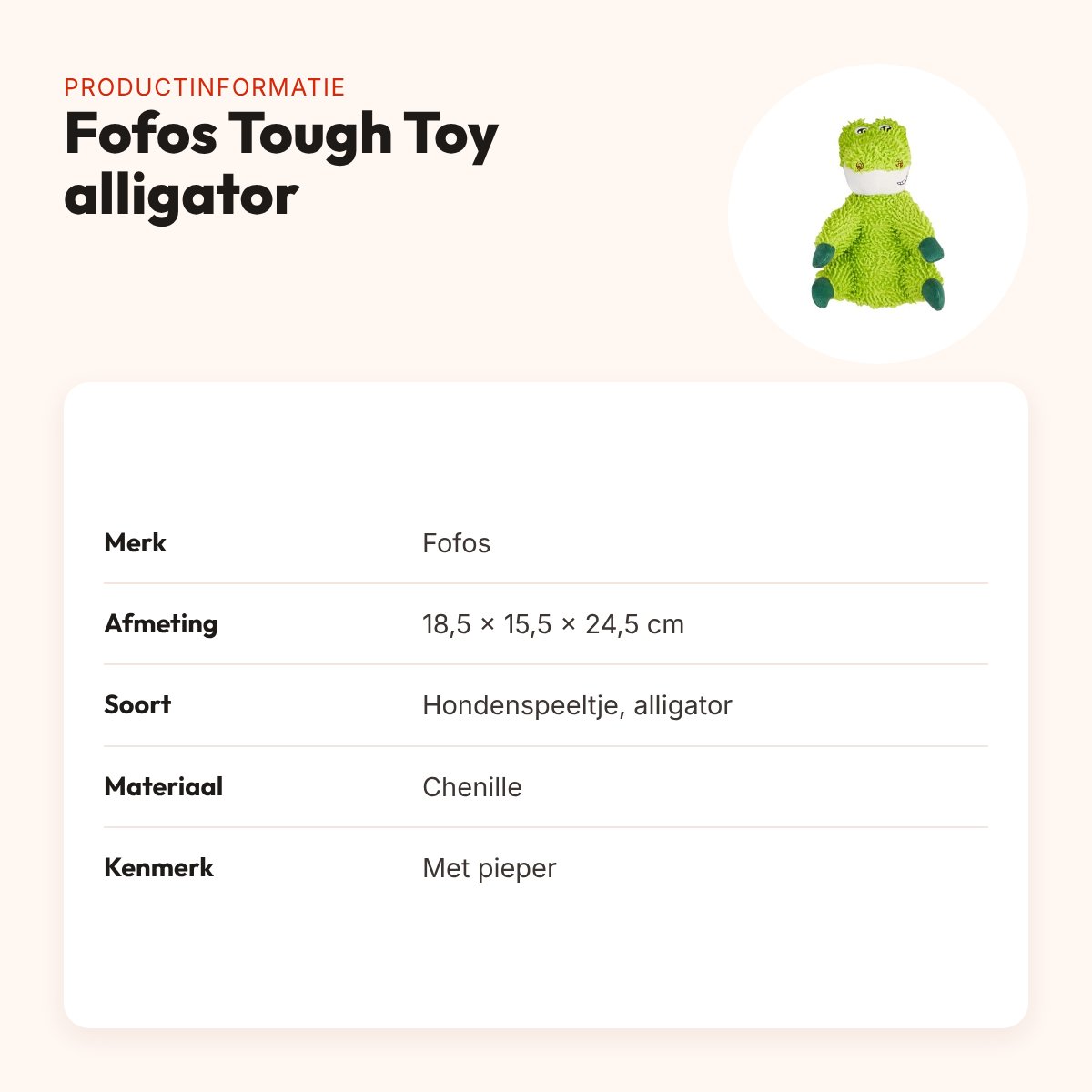Fofos Tough Toy alligator 18,5 x 15,5 x 24,5 cm – chenille, met pieper – productinformatie