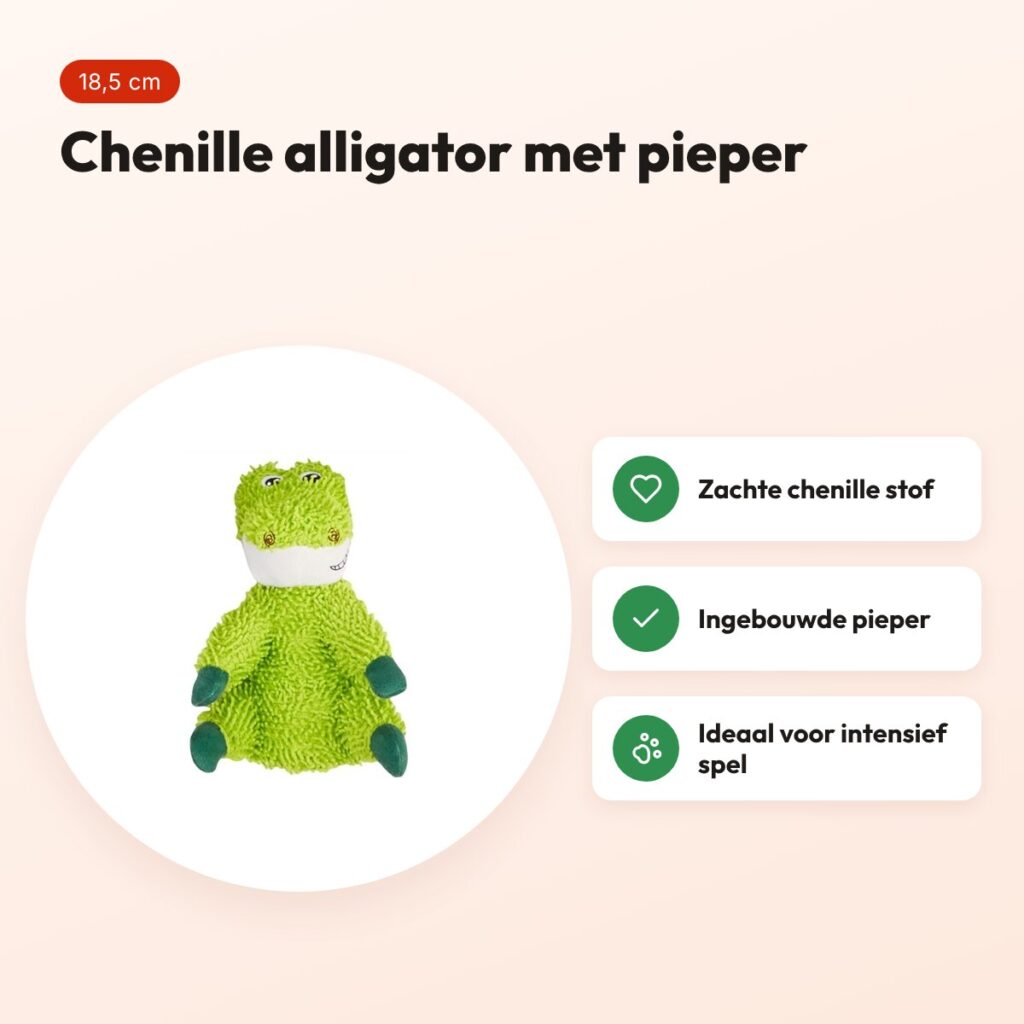 Fofos Tough Toy alligator 18,5 x 15,5 x 24,5 cm – chenille, met pieper – voordelen