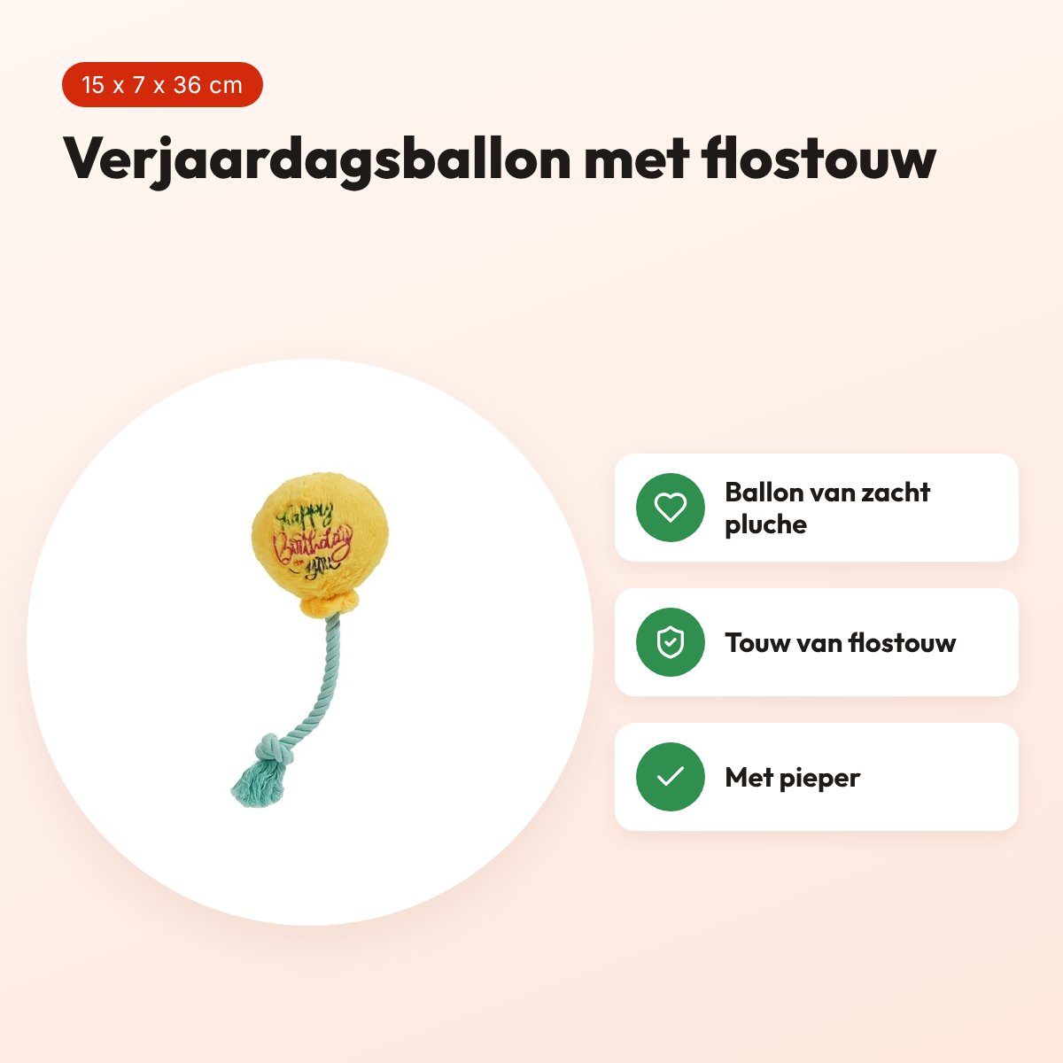 Fofos verjaardagsballon 15 x 7 x 36 cm – hondenspeeltje met flostouw – voordelen