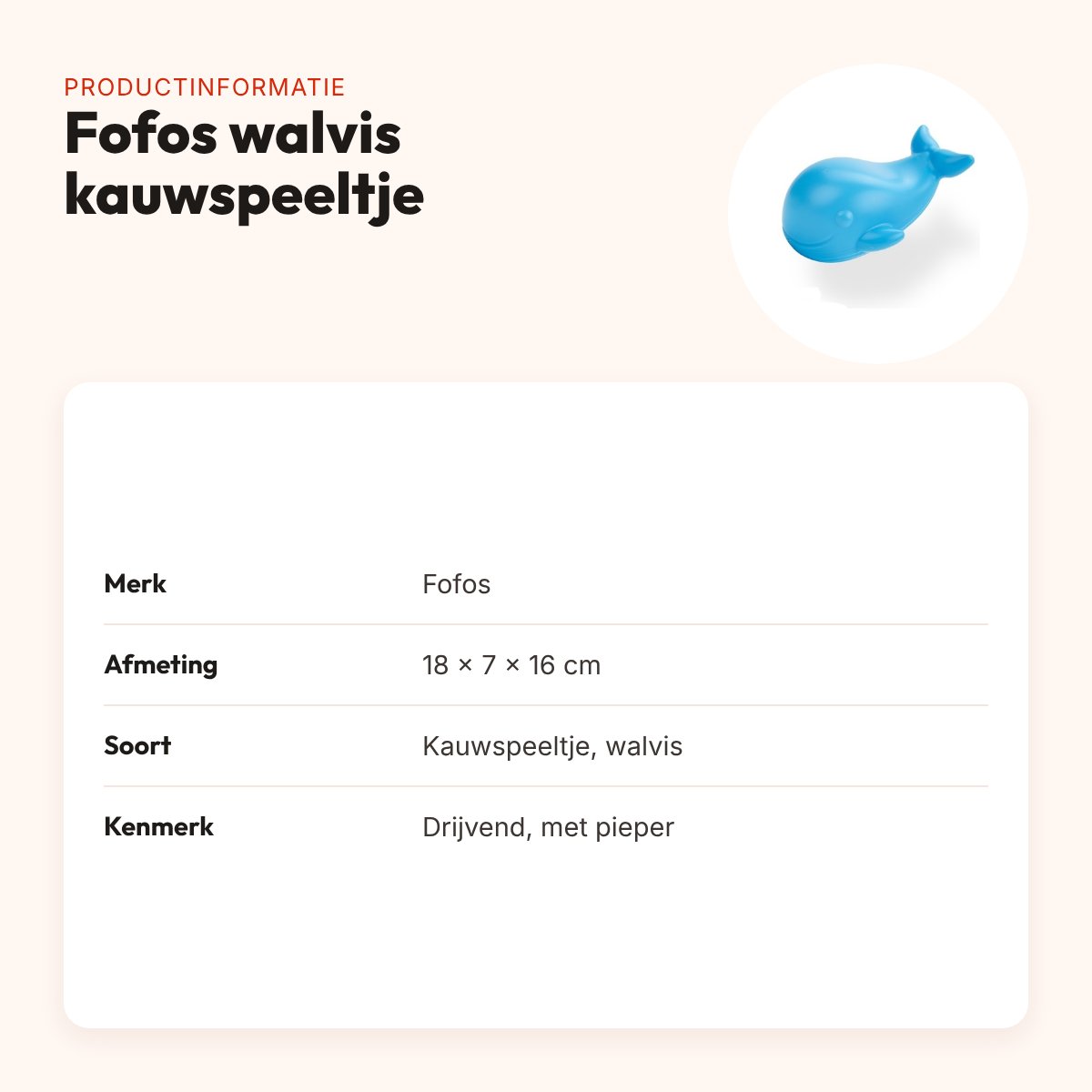 Fofos walvis kauwspeeltje 18 x 7 x 16 cm – drijvend, met pieper – productinformatie