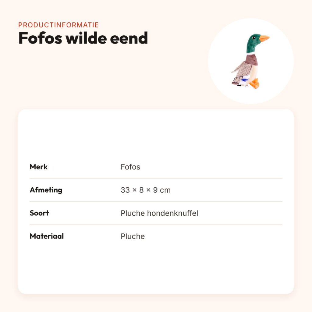 Fofos wilde eend 33 x 8 x 9 cm – pluche hondenknuffel met texturen – productinformatie