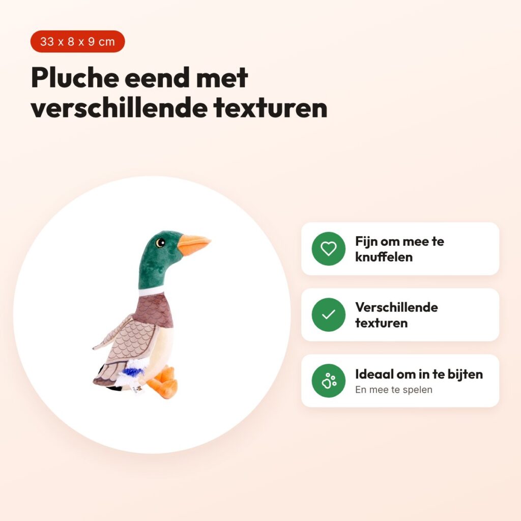 Fofos wilde eend 33 x 8 x 9 cm – pluche hondenknuffel met texturen – voordelen