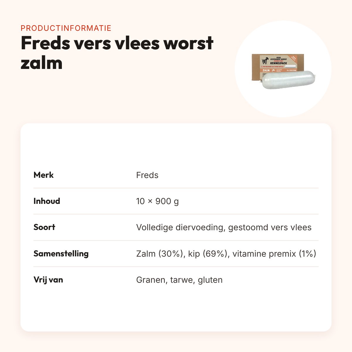 Freds gestoomd vers vlees worst zalm kennelpack 10 x 900 g – graanvrij – productinformatie