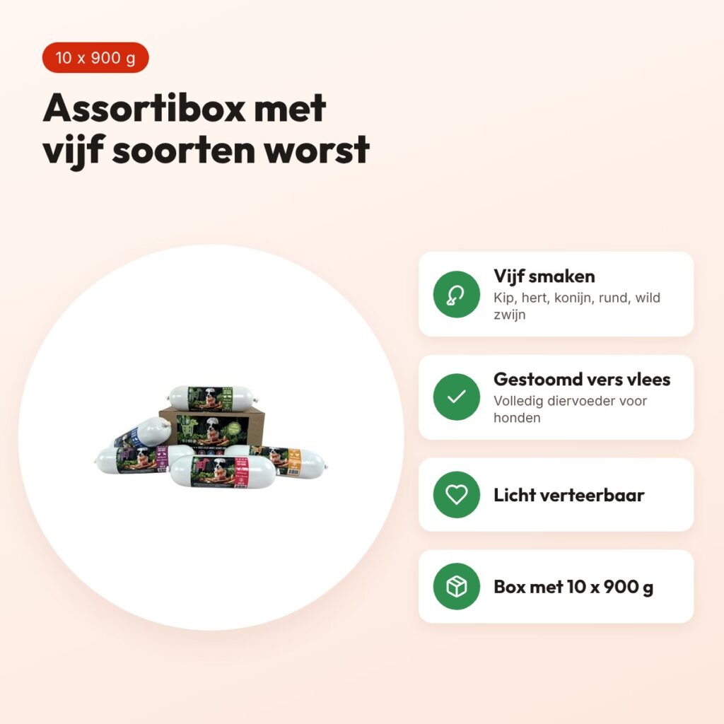 Freds gestoomde vleesworst assortibox 10 x 900 g – 5 smaken – voordelen