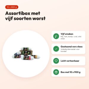 Freds gestoomde vleesworst assortibox 10 x 900 g – 5 smaken – voordelen