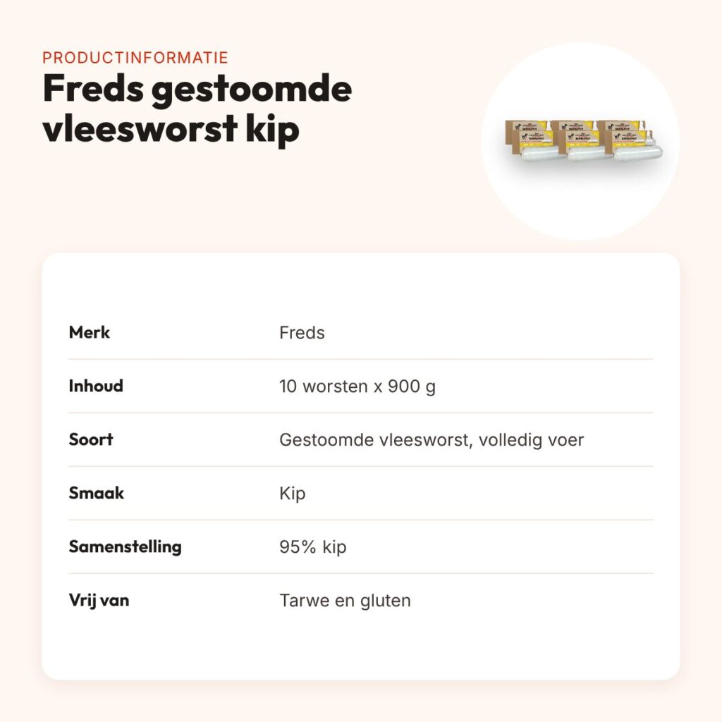 Freds gestoomde vleesworst kip 10 x 900 g – kennelpack, glutenvrij – productinformatie