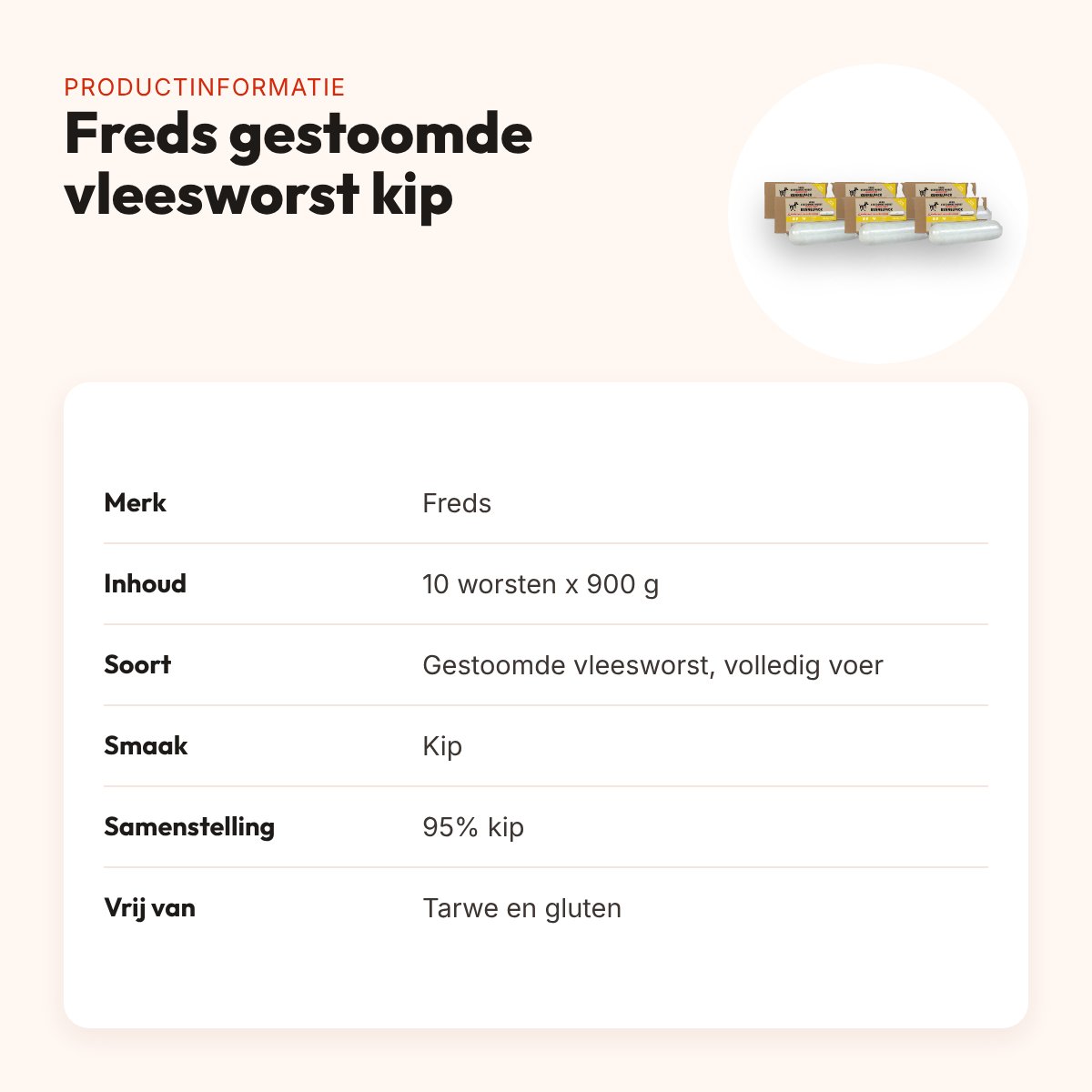 Freds gestoomde vleesworst kip 10 x 900 g – kennelpack, glutenvrij – productinformatie